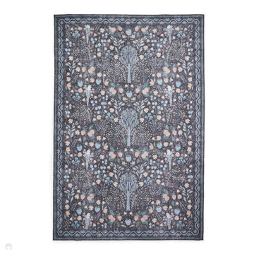 Washable Versailles H1373 Traditional Floral Border Distressed Soft Digitally Printed Lightweight Textured Polyester Flatweave Charcoal Black/Midnight Blue/Steel Blue/Powder Blue/Blush Pink Rug-Think Rugs-Rug Love - The Most Loved Rug Store
